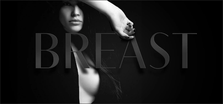 breast procedures banner with beautiful woman posing with arm above her head